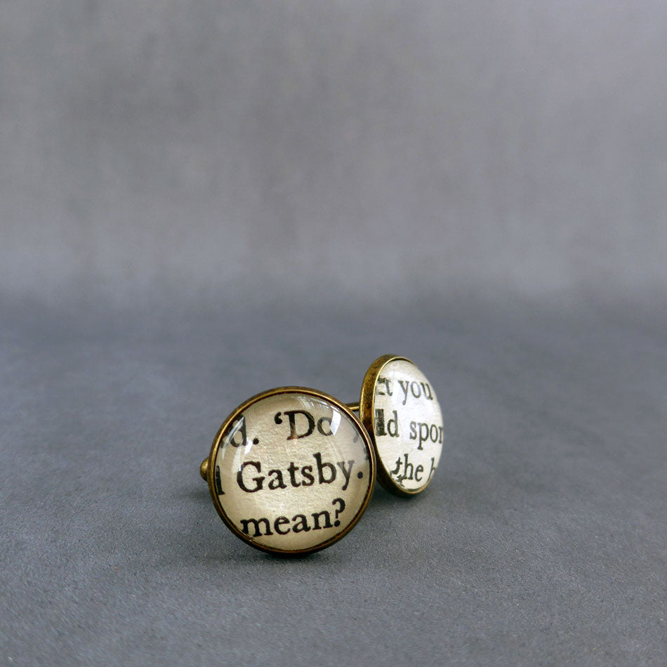 Round bronzeplated cufflinks using real books this set show Gatsby and OLD sPORT