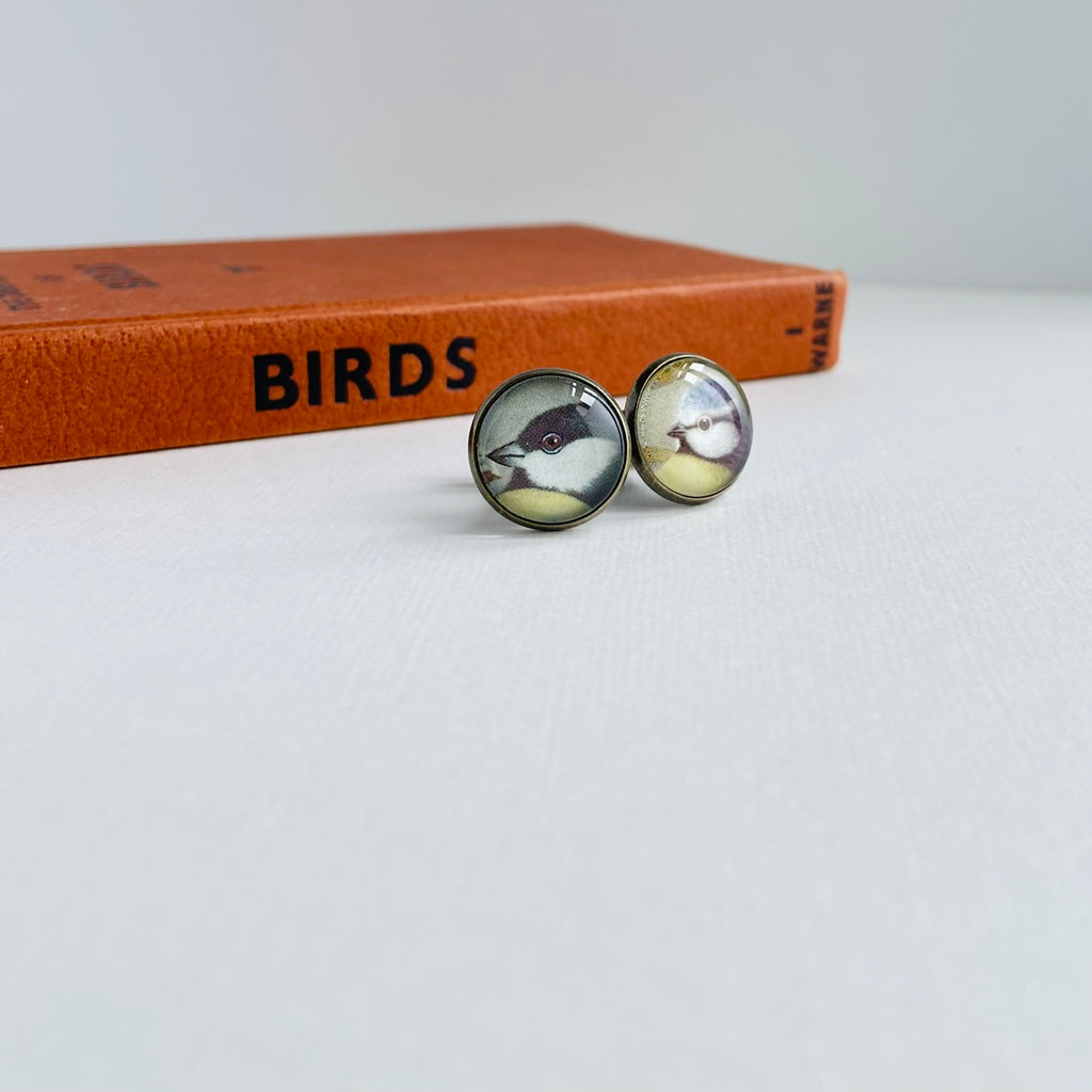 Circular bronze plated cufflinks set with vintage illustrations of british garden birds, under glass. They are against a white background