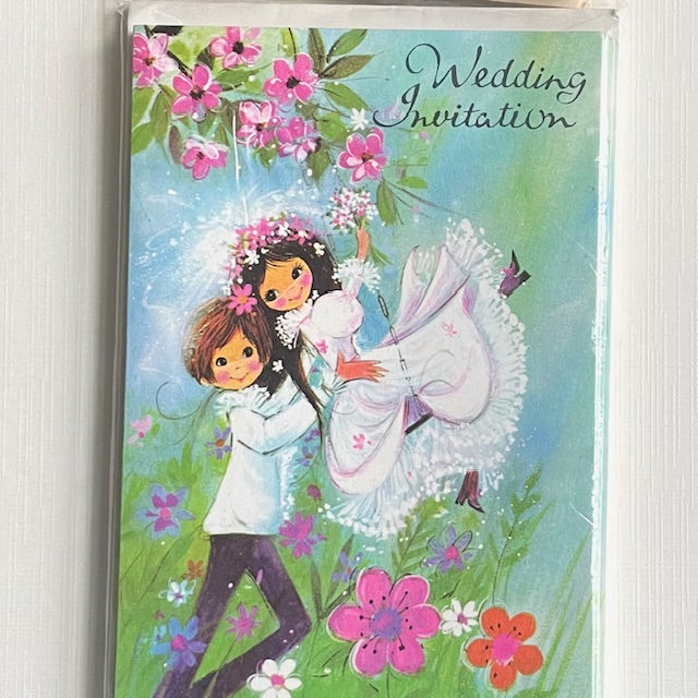 Wedding invitation retro card with cartoon bride and groom in a floral setting