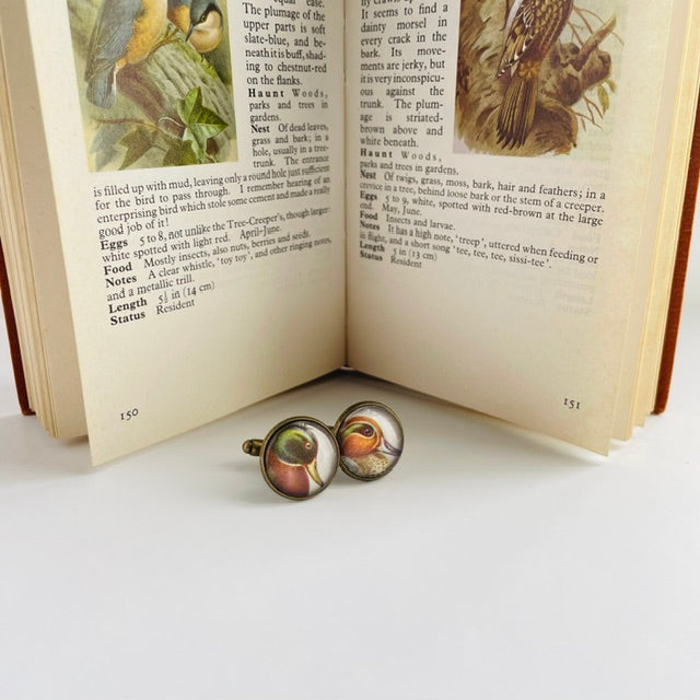 Pair of bird-themed earrings on a white surface with an open book in the background