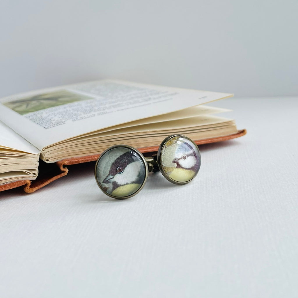 Circular bronze plated cufflinks set with vintage illustrations of british garden birds, under glass. They are against a white background