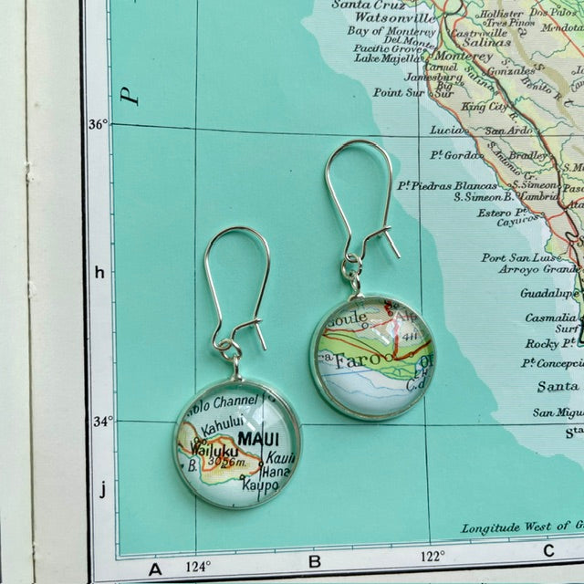 Personalised Earrings, Vintage Map Dangle Earrings