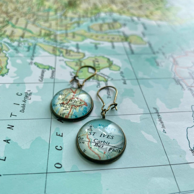 Personalised Earrings, Vintage Map Dangle Earrings