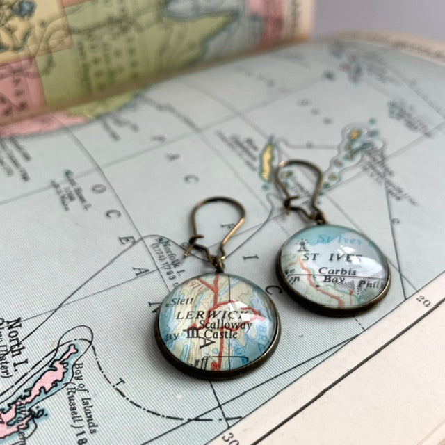 Personalised Earrings, Vintage Map Dangle Earrings