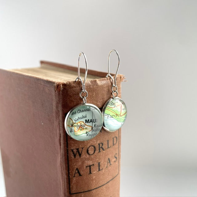 Personalised Earrings, Vintage Map Dangle Earrings