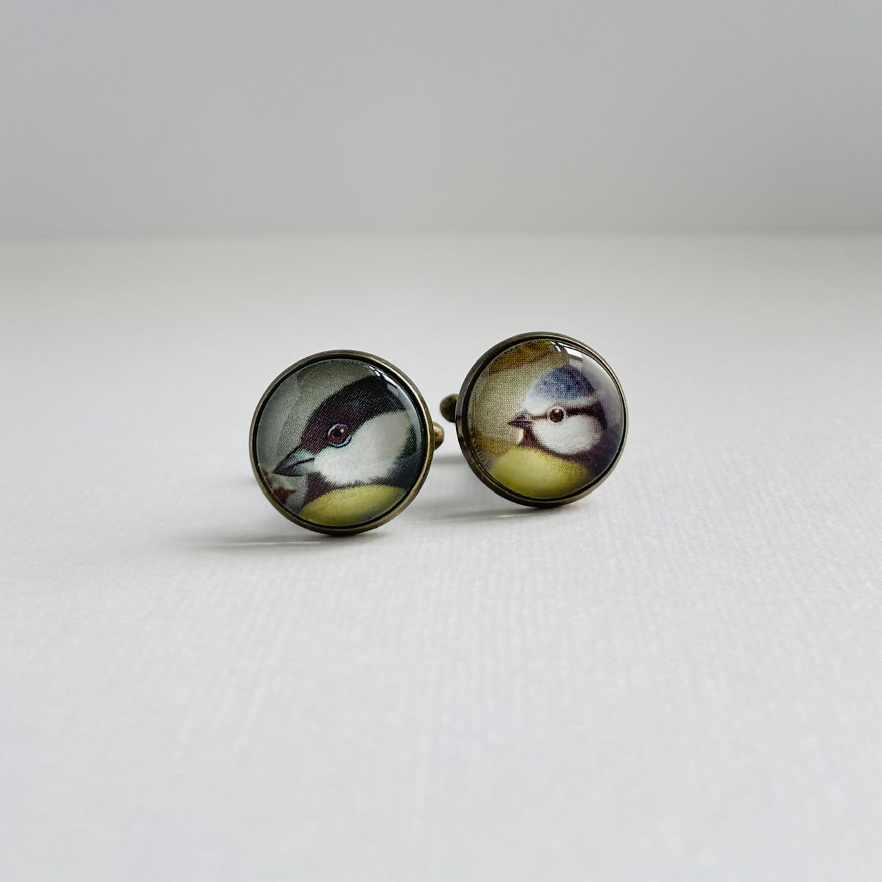 Circular bronze plated cufflinks set with vintage illustrations of british garden birds, under glass. They are against a white background