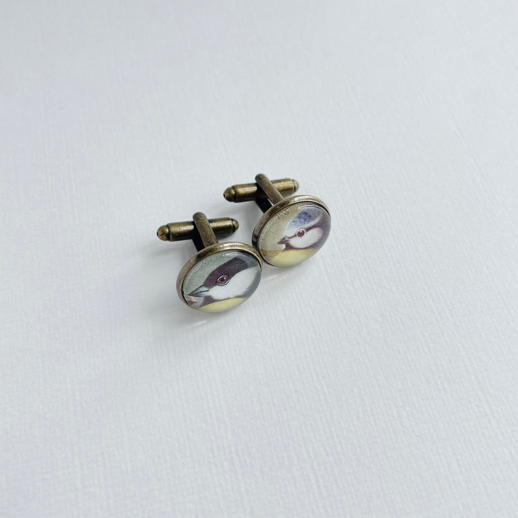 Circular bronze plated cufflinks set with vintage illustrations of british garden birds, under glass. They are against a white background