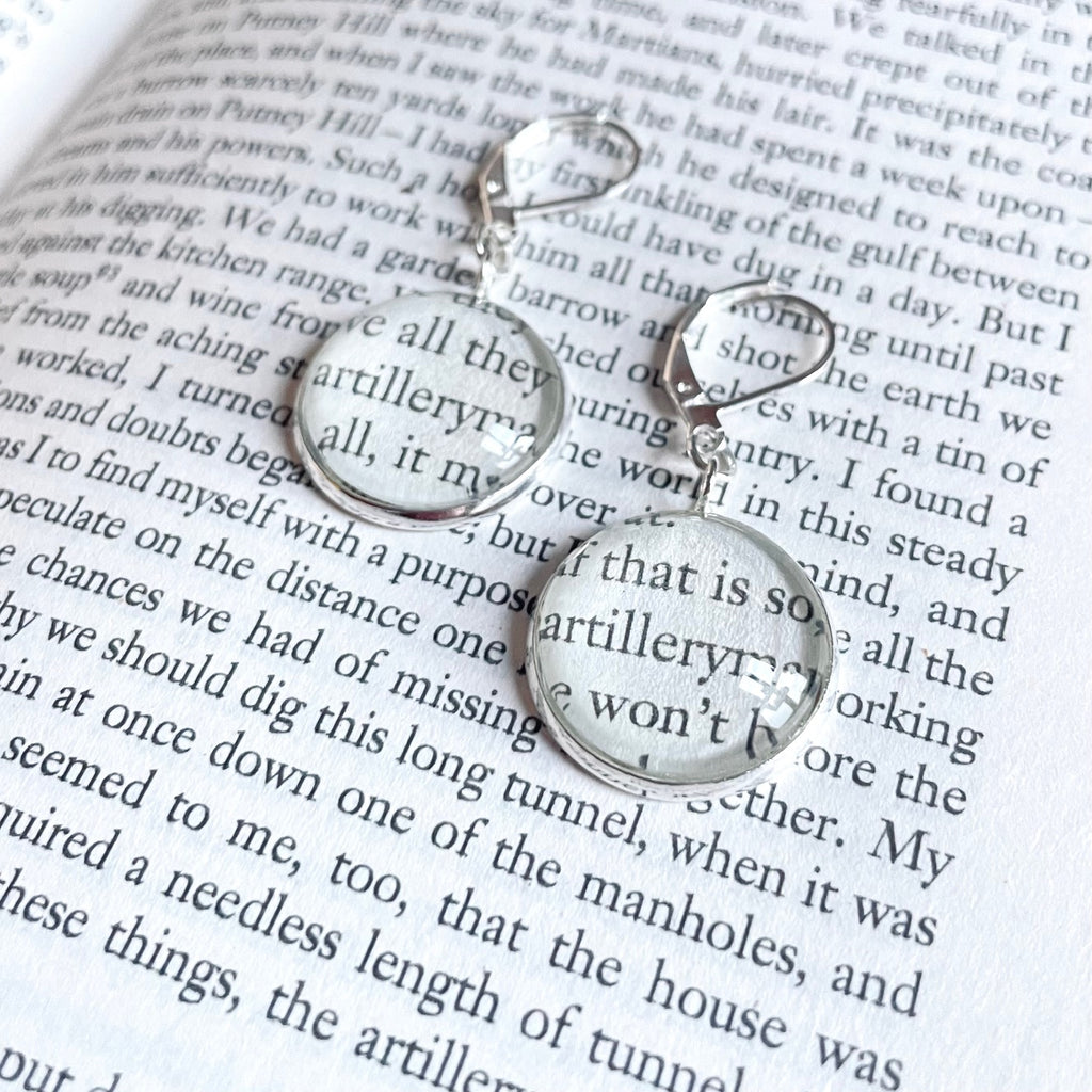 Silver round earring made from war of the worlds book pages