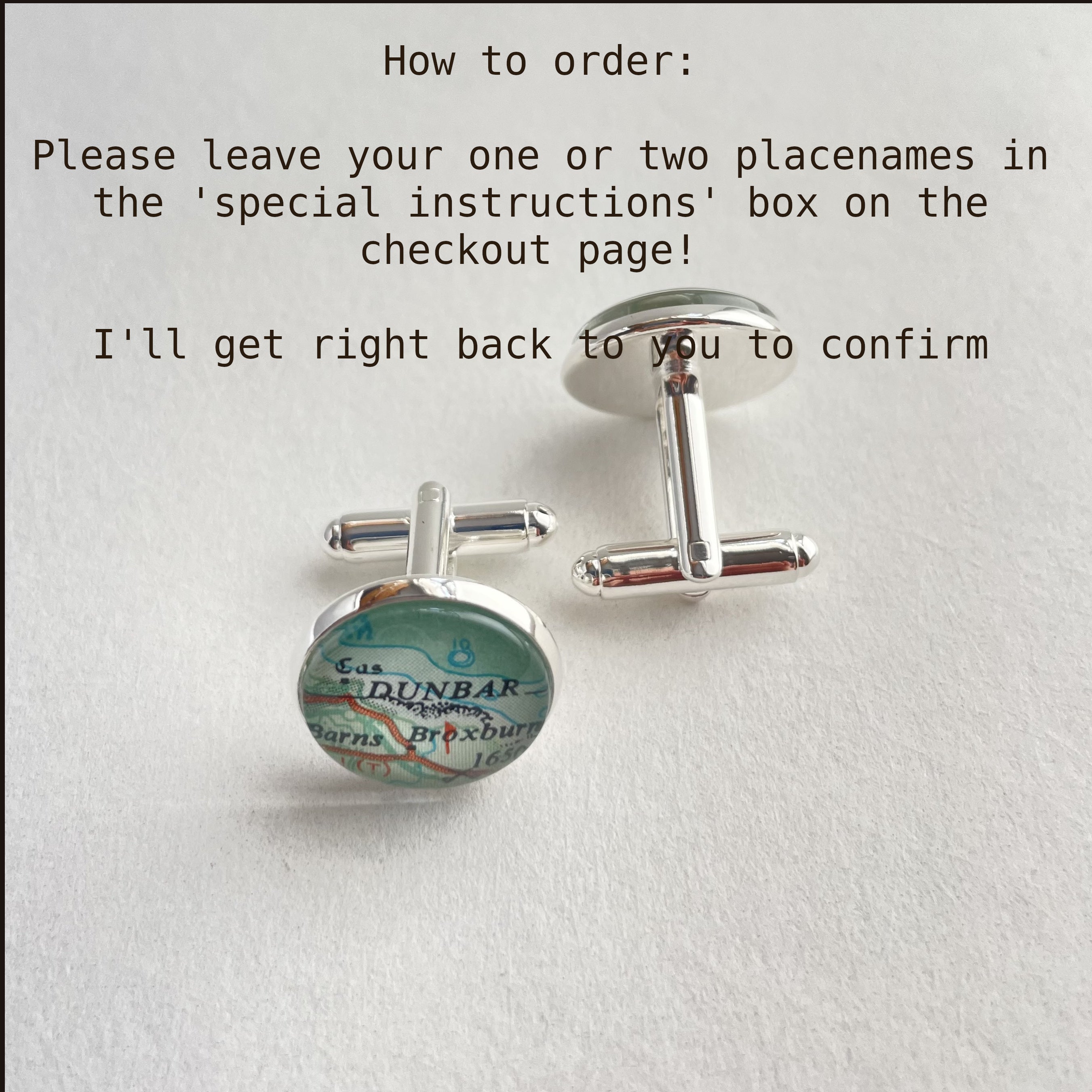 Map-themed cufflinks on a light gray background with text about ordering.