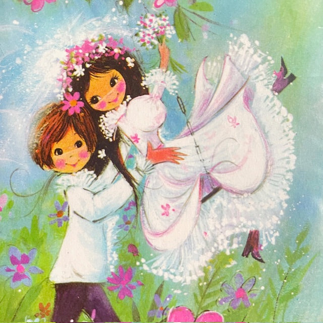 Illustration of a kitsch retro bride and groomholding in a garden with flowers 