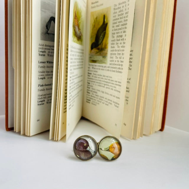 Bronze round cufflinks with an illustration of a duck, taken from a bird identification book