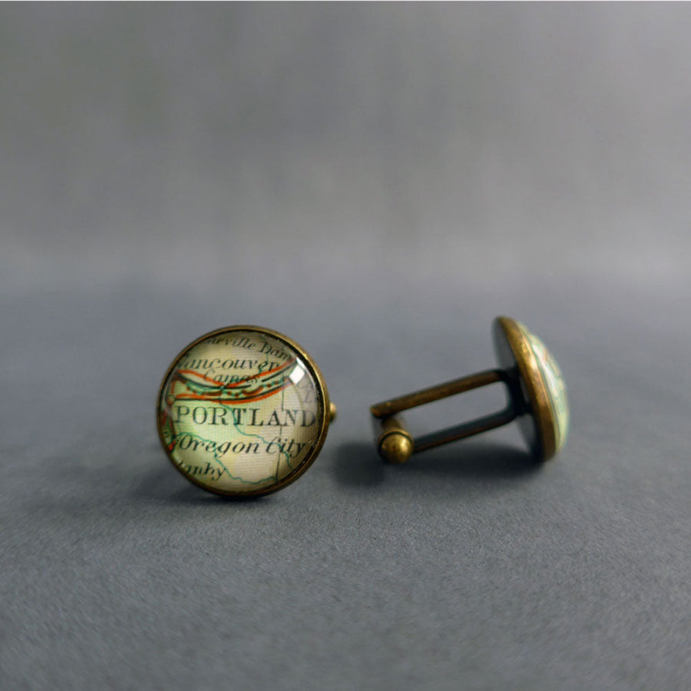 round bronze plated cufflinks customised with vintage maps showing portland USA