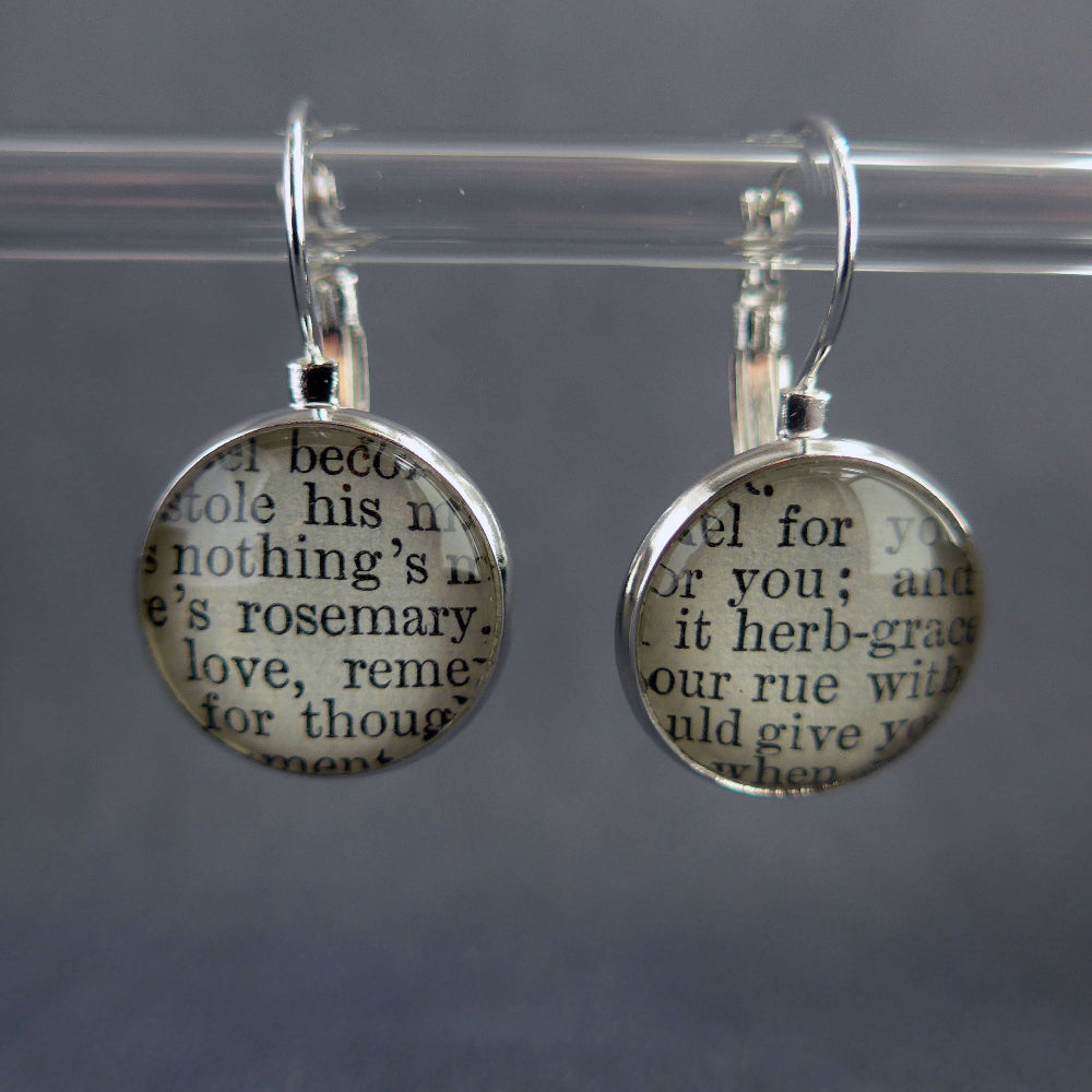 round silver plated drop earrings customised with real book ages from shakespeare's play