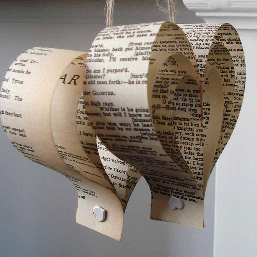 Paper decorative hearts made with pages from shakespeare's plays