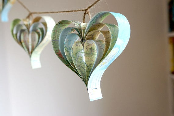 Paper garland of hearts made from vintage maps